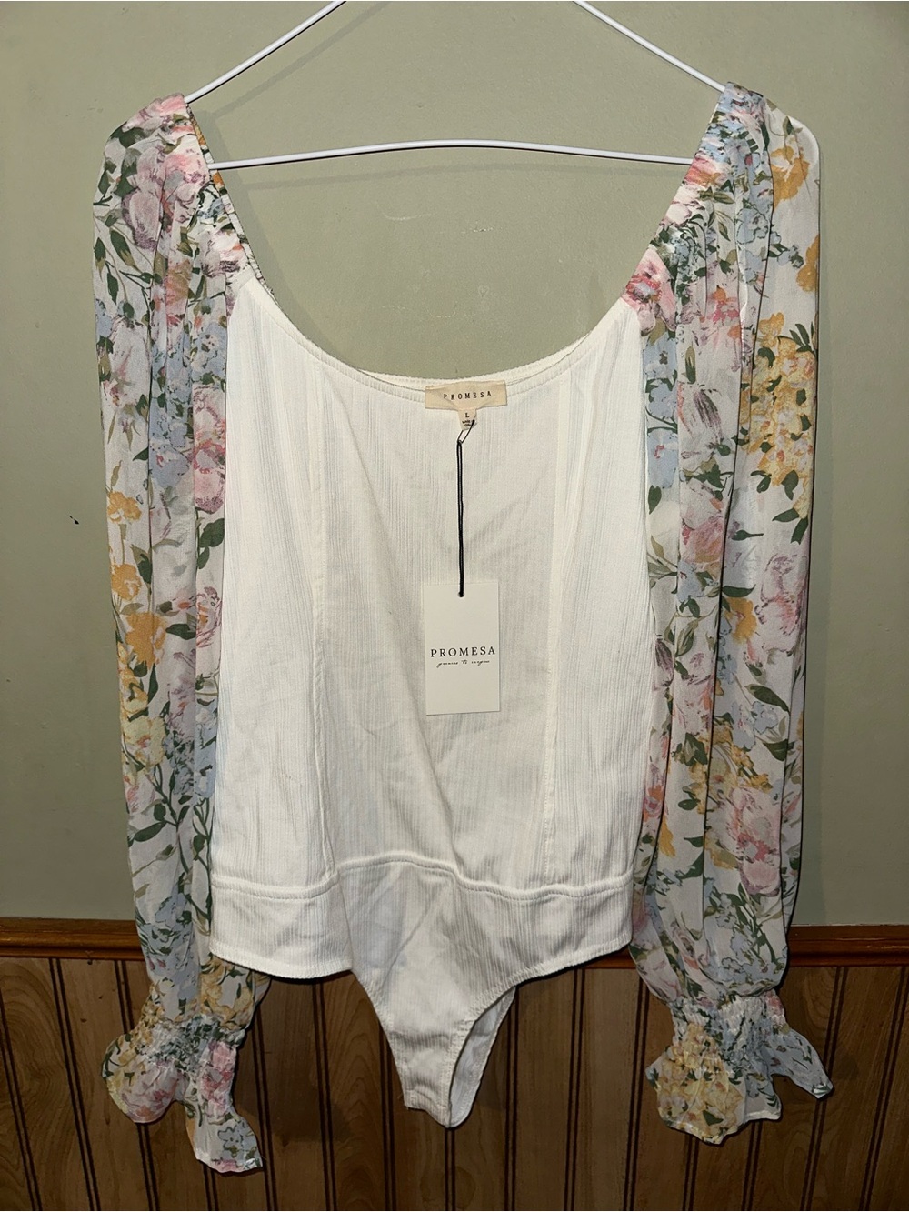 Promesa White Ribbed Bodysuit with Floral Sheer Puff Sleeves